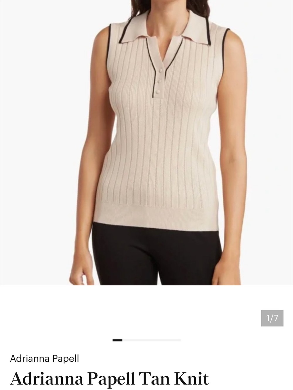 Adrianna Papell Cream Sleeveless Ribbed Polo with Black Trim